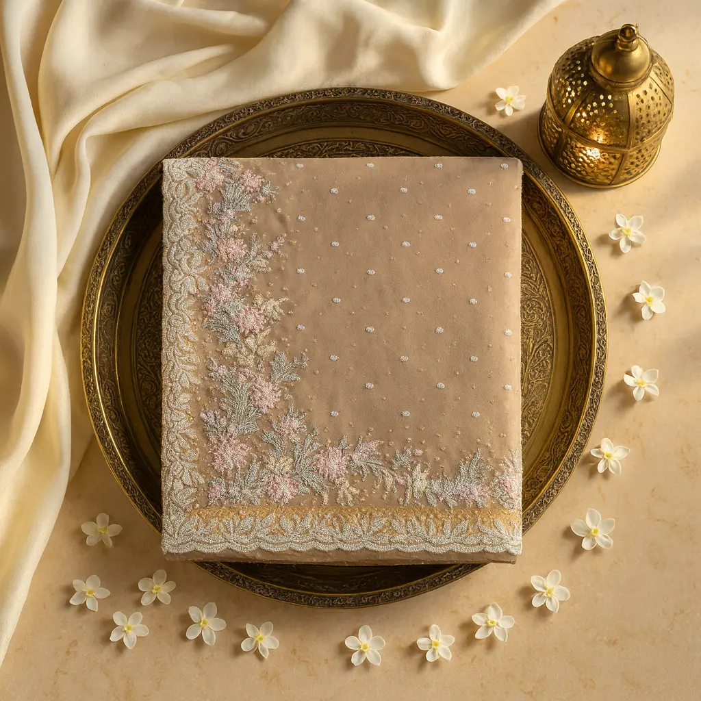 Elegant Embellished Peach Designer Saree with Intricate Floral Border