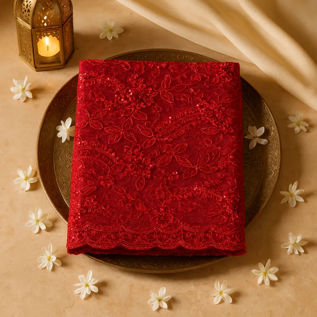 Exquisite Red Designer Net Saree With Intricate Floral Embroidery