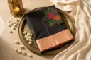 Black Silk Saree with Peach Zari Border and Floral Motifs