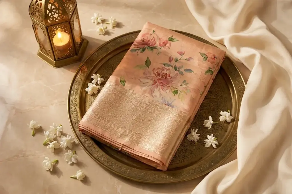 Blush Peach Floral Silk Saree with Zari Border