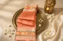 Peach Coral Slub Silk Saree with Mughal Art Pallu