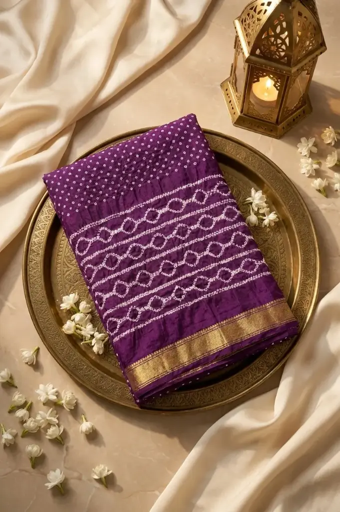 Royal Purple Gaji Silk Bandhani Saree with Zari Border