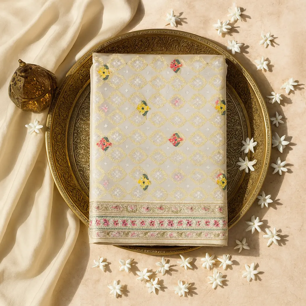 Elegant Off-White Designer Saree with Intricate Zari Embroidery