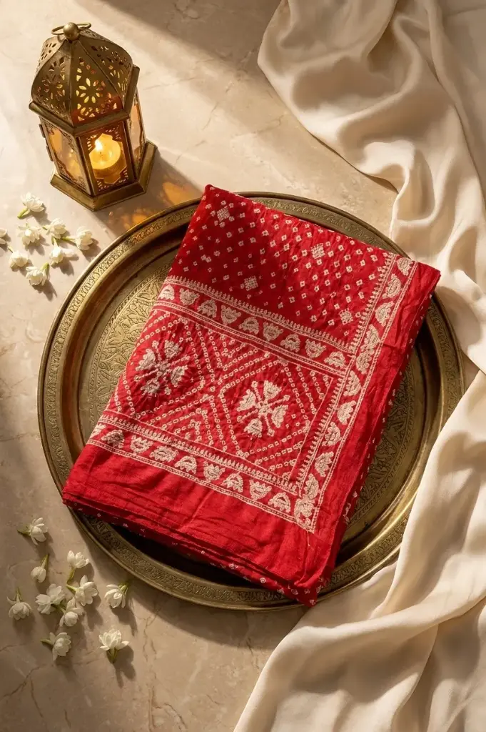 Crimson Red Bandhani Silk Saree with Zari Pallu