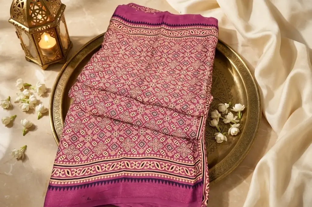 Magenta Bandhani Geometric Print Silk Blend Festive Saree