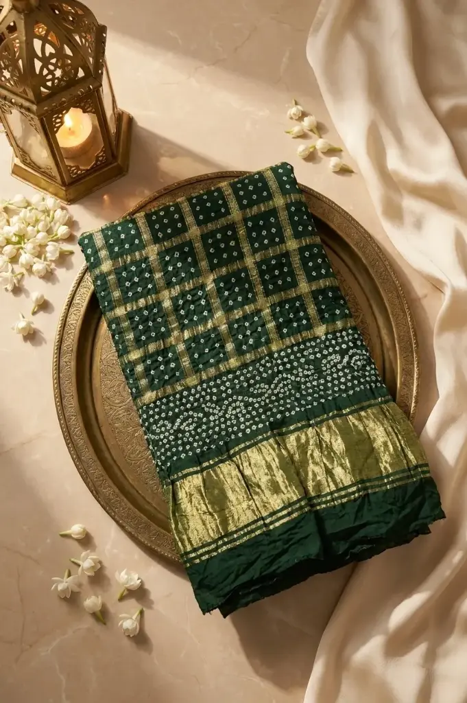 Bottle Green Crinkled Georgette Bandhani Saree with Zari