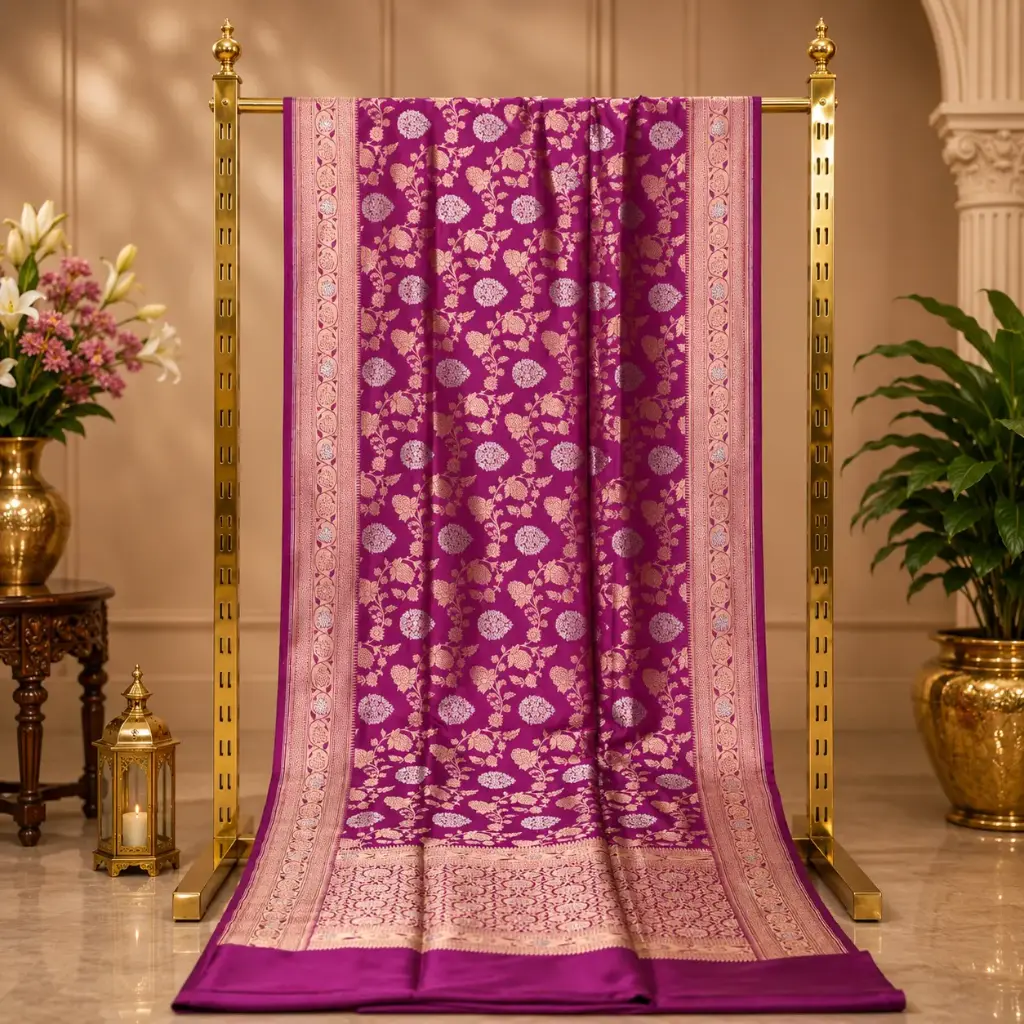 Magenta Purple Woven Saree with Gold Floral Motifs and Ornate Zari Border