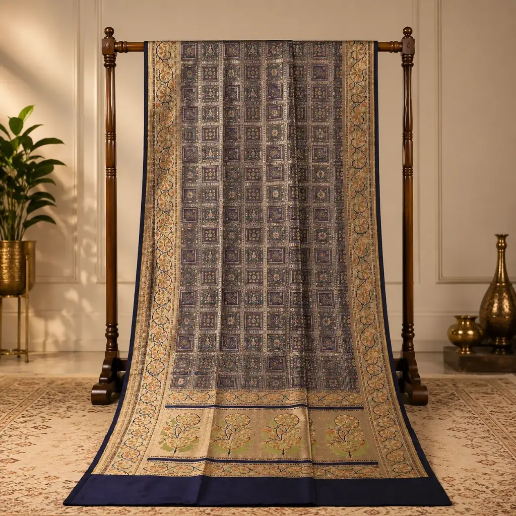 Navy Blue Traditional Motif Saree with Gold-Tone Floral Border and Decorative Pallu