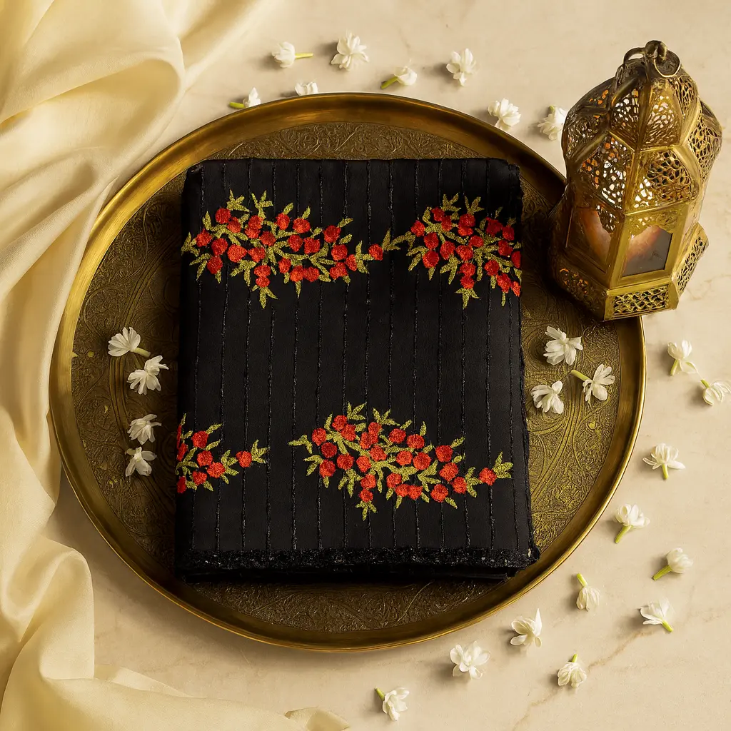 Elegant Black Embroidered Designer Saree with Floral Motifs