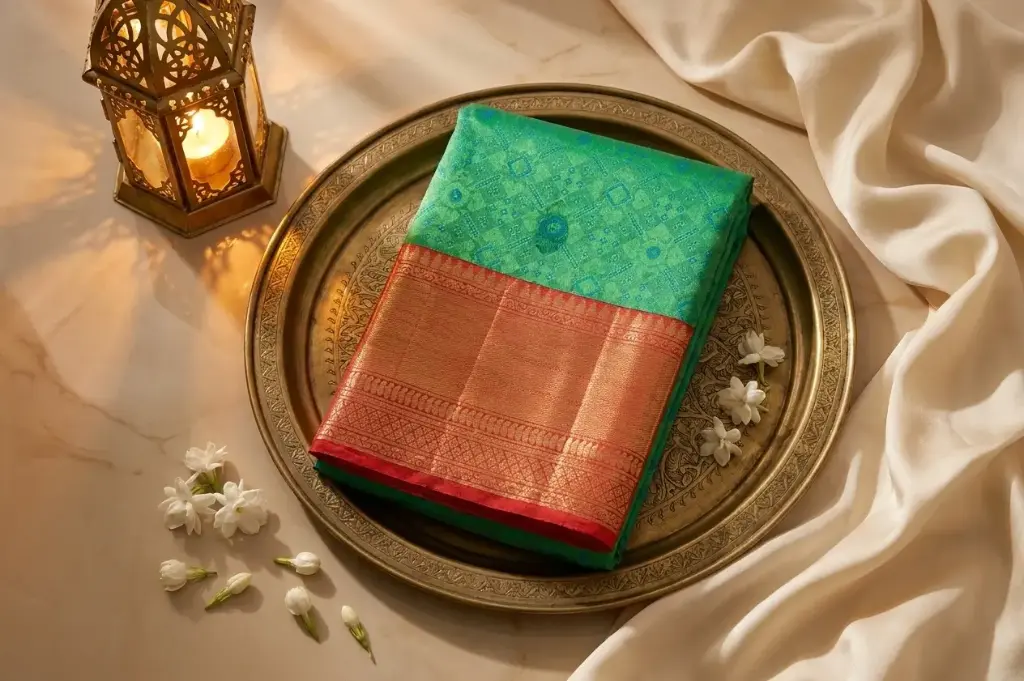 Peacock Green and Red Brocade Silk Saree with Gold Zari