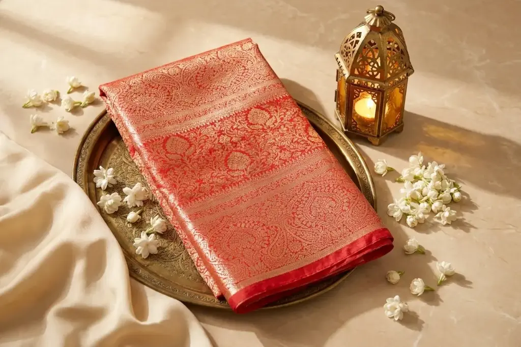 Regal Crimson Red Banarasi Silk Saree in Gold Zari