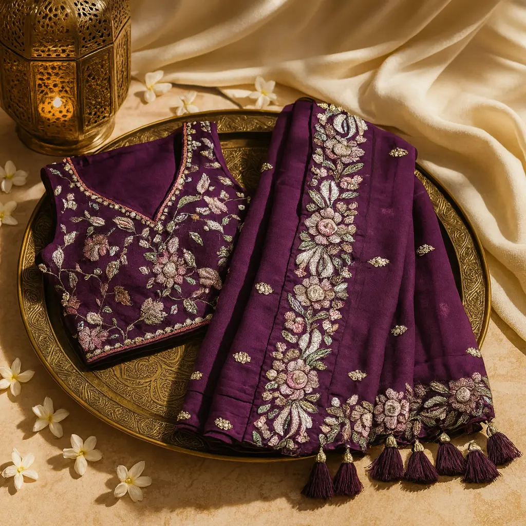 Elegant Deep Purple Designer Saree with Floral Embroidery