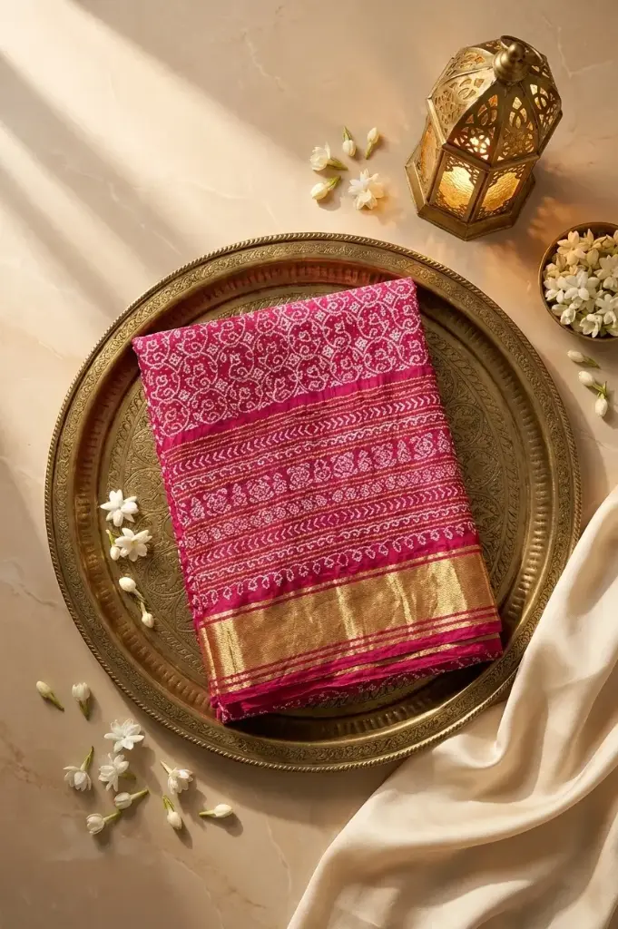 Rani Pink Georgette Handcrafted Bandhani Saree with Zari Border