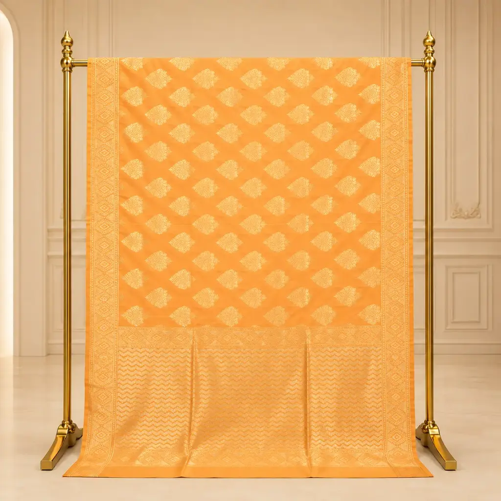 Women's Peach Orange Saree with Golden Buti Motifs and Woven Pallu