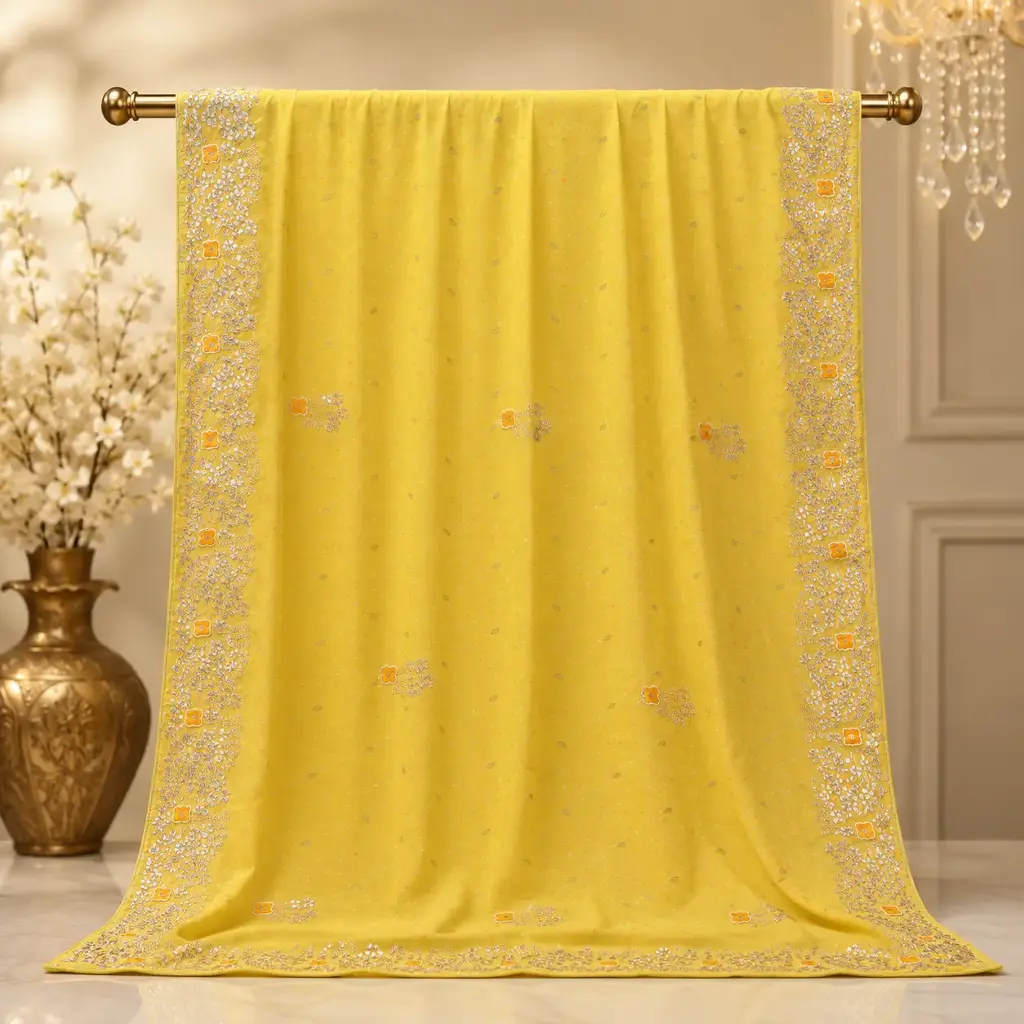 Bright Yellow Saree with Silver Floral Embroidery, Orange Accents and Ornate Border