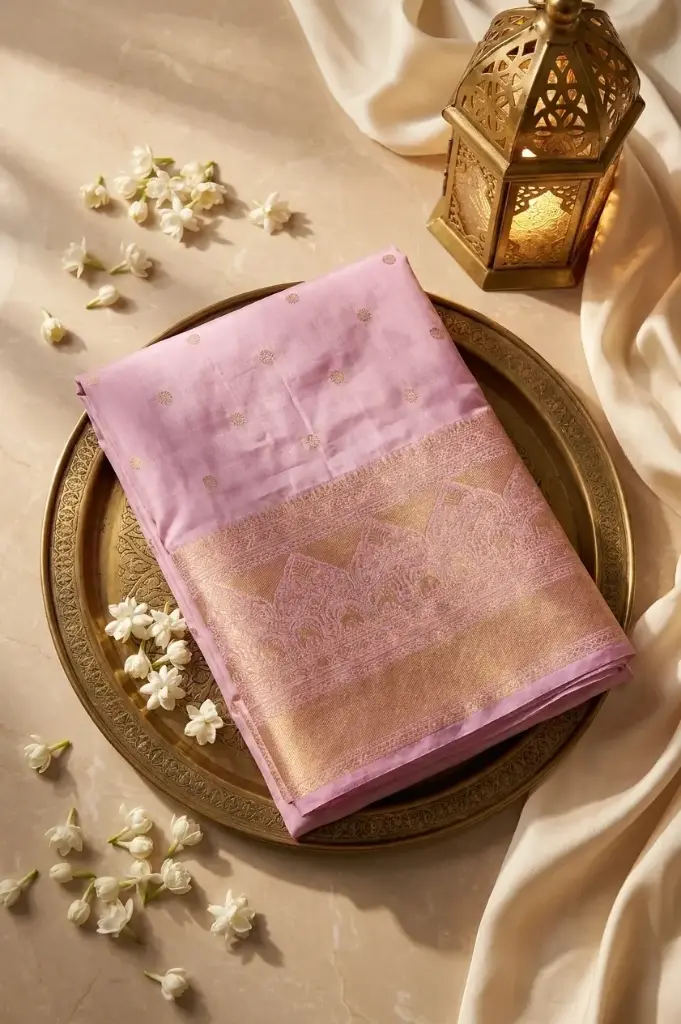 Blush Pink Pure Silk Saree with Gold Zari Border