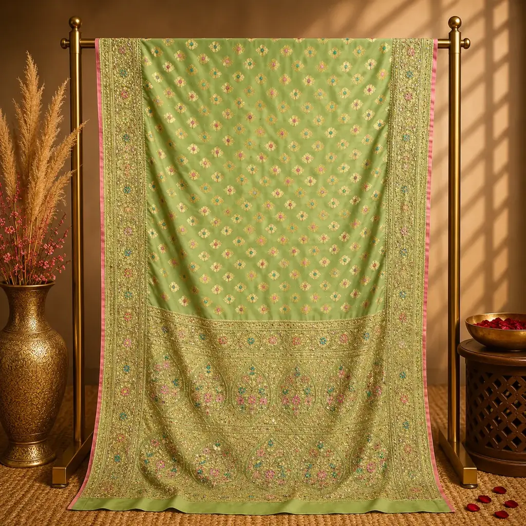 Pistachio Green Banarasi Saree with Gold Floral Weave and Ornate Border