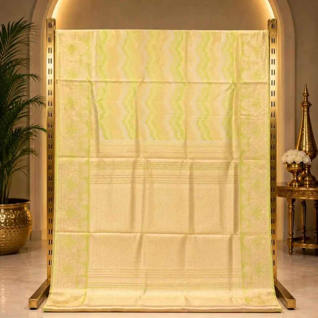 Elegant Golden Saree with Lime Green Wavy Stripes and Floral Border 