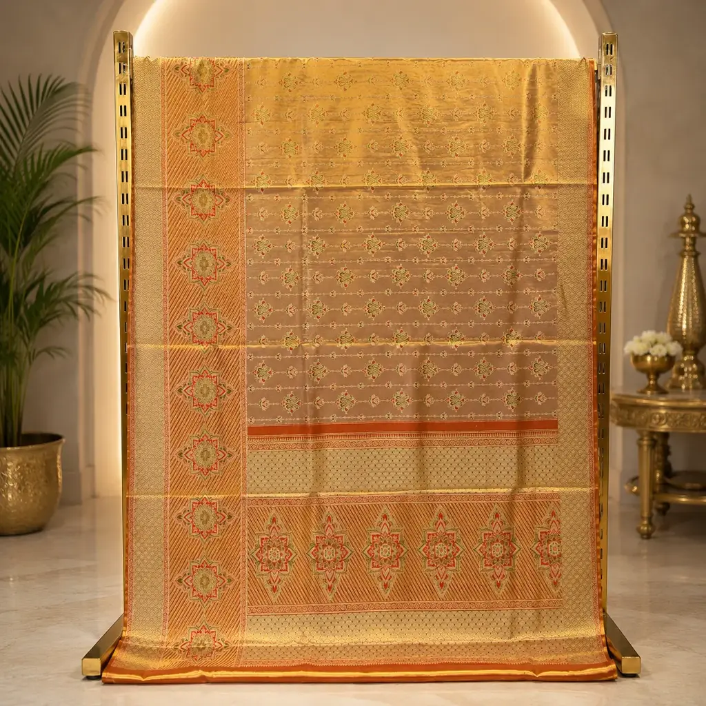 Golden Beige Woven Saree with Red Green Motifs and Ornate Border