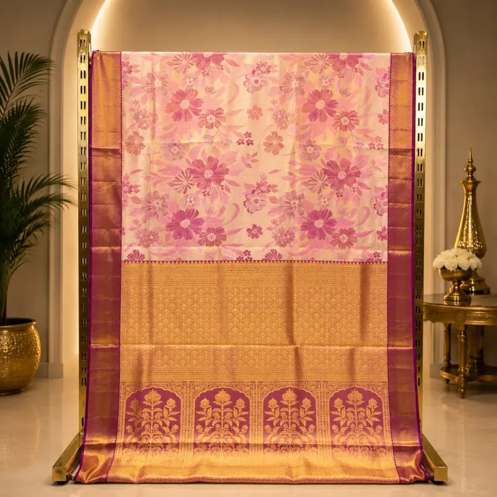 Elegant Peach Gold Floral Saree with Magenta Border and Ornate Pallu
