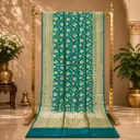 Elegant Teal Banarasi Style Saree with Golden Zari Floral Motifs, Rich Border