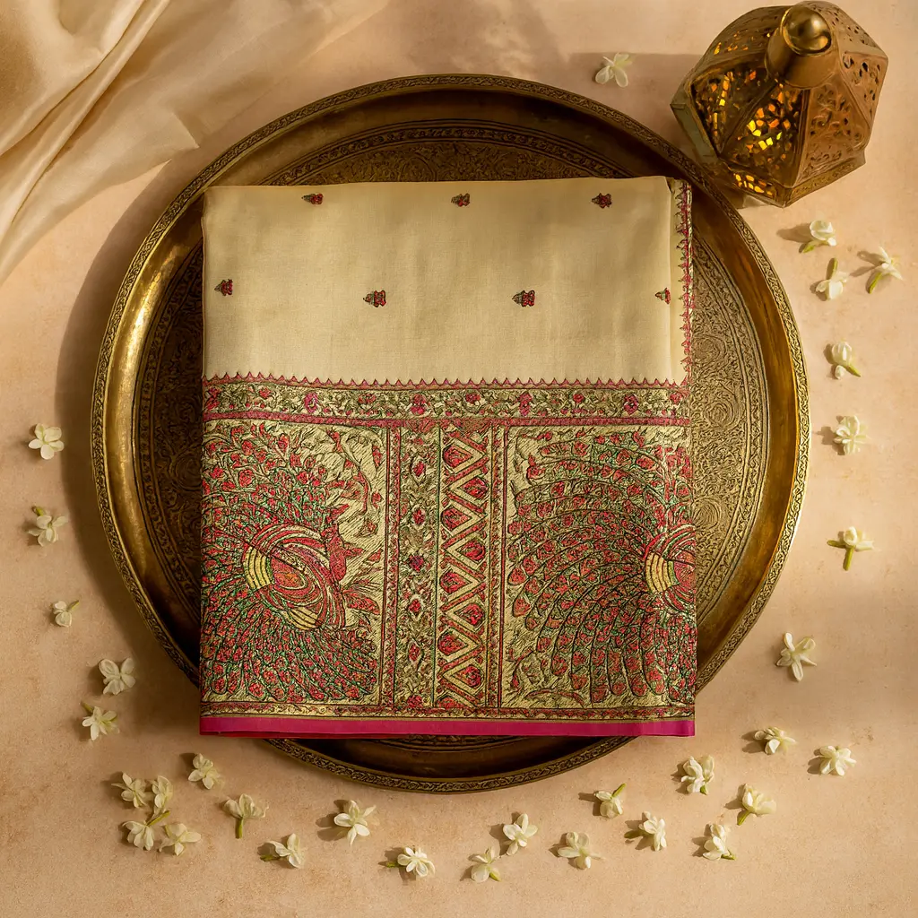 Elegant Beige Organza Saree with Intricate Floral Embroidery