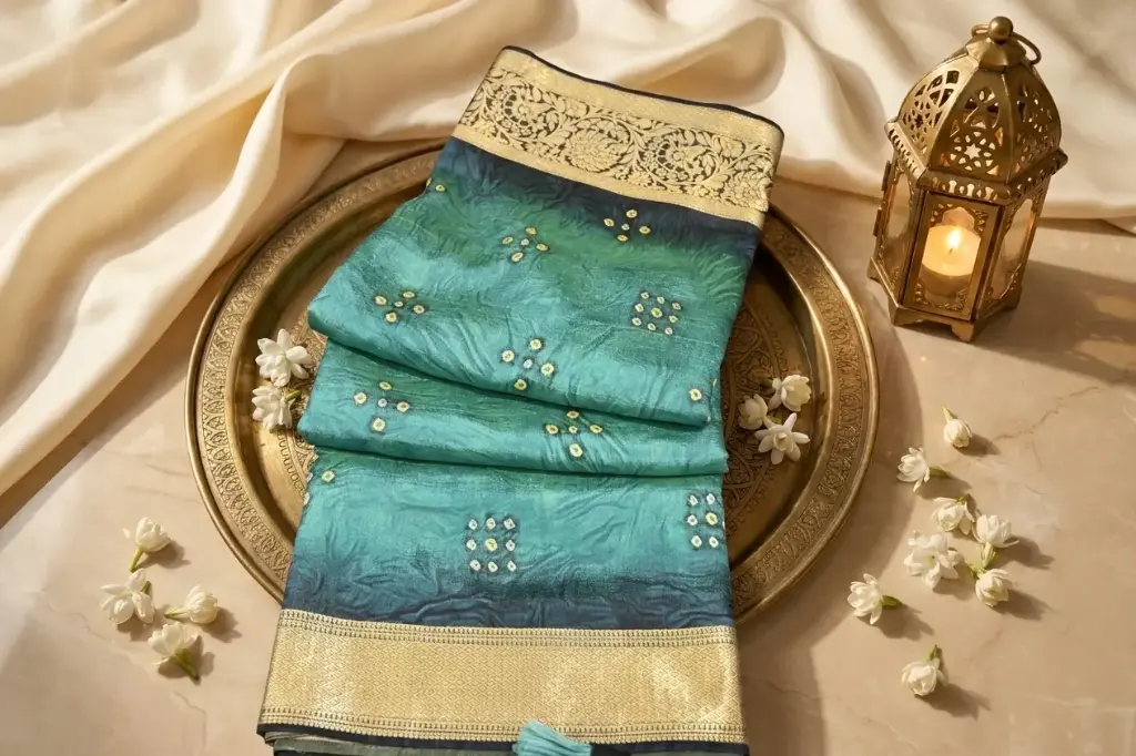 Teal and Navy Crinkle Silk Saree with Zari Border