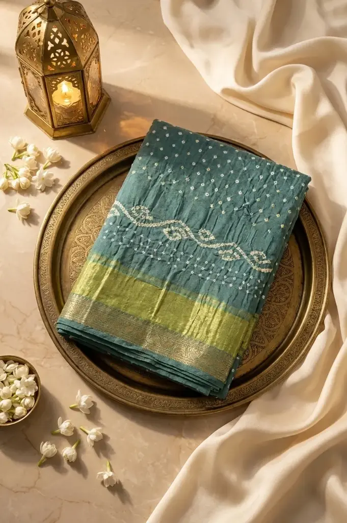 Teal Green Gajji Silk Bandhani Saree with Zari Border
