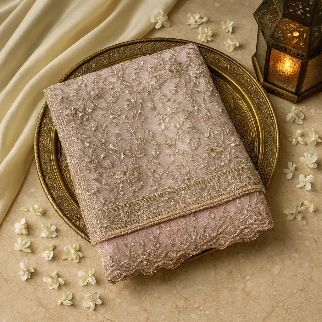 Exquisite Pastel Peach Embroidered Net Saree with Shimmering Sequins