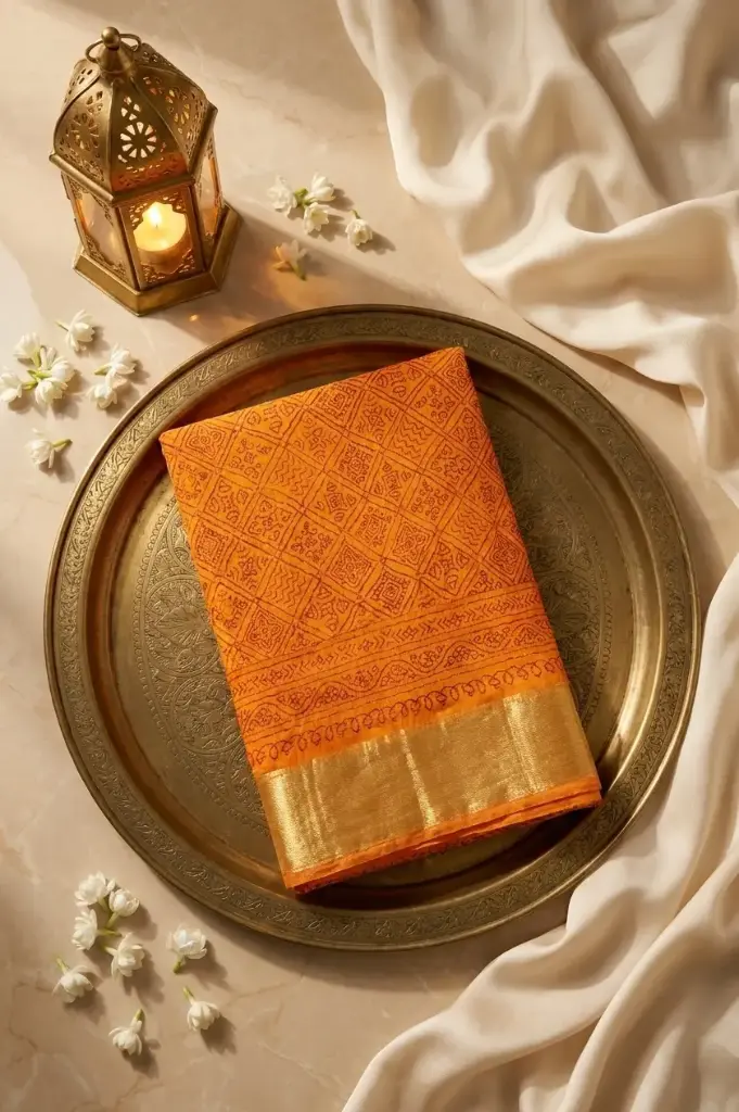 Mustard Orange Georgette Hand Bandhani Saree with Zari Border