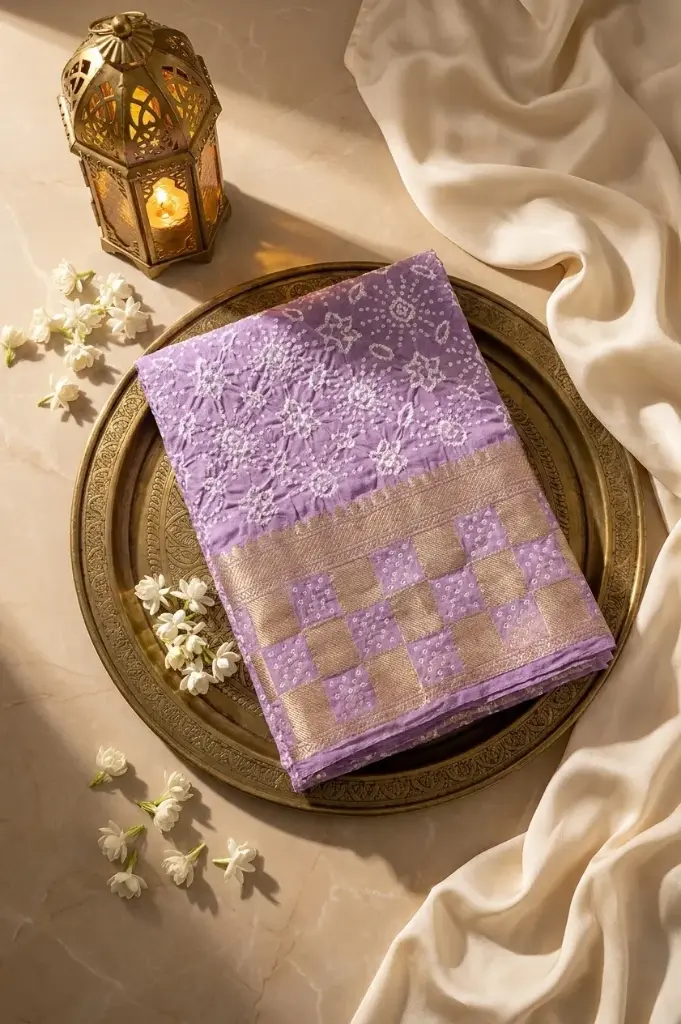 Lavender Georgette Bandhani Saree with Woven Gold Zari Pallu