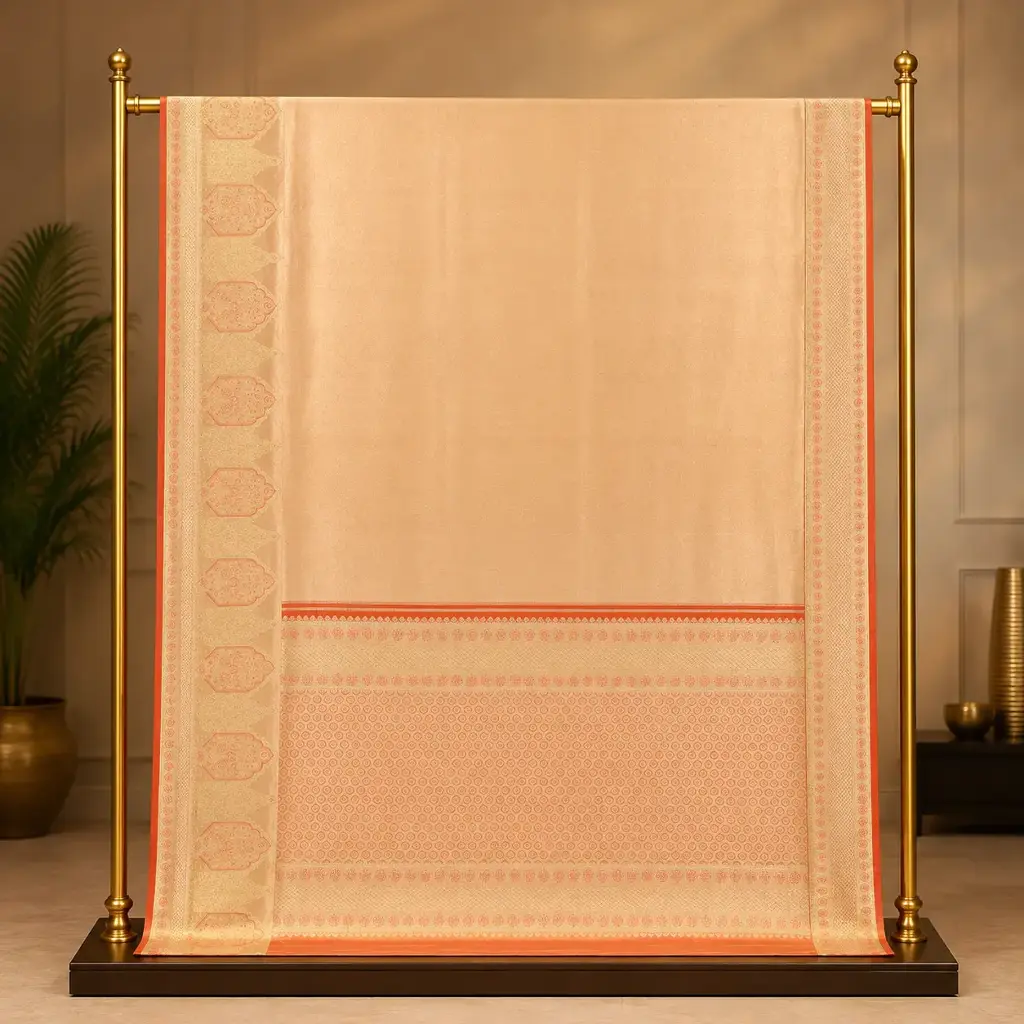 Beige Gold Woven Saree with Coral Border and Ornate Pallu