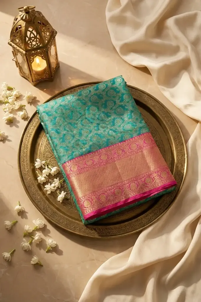Teal Green and Rani Pink Pure Silk Brocade Saree