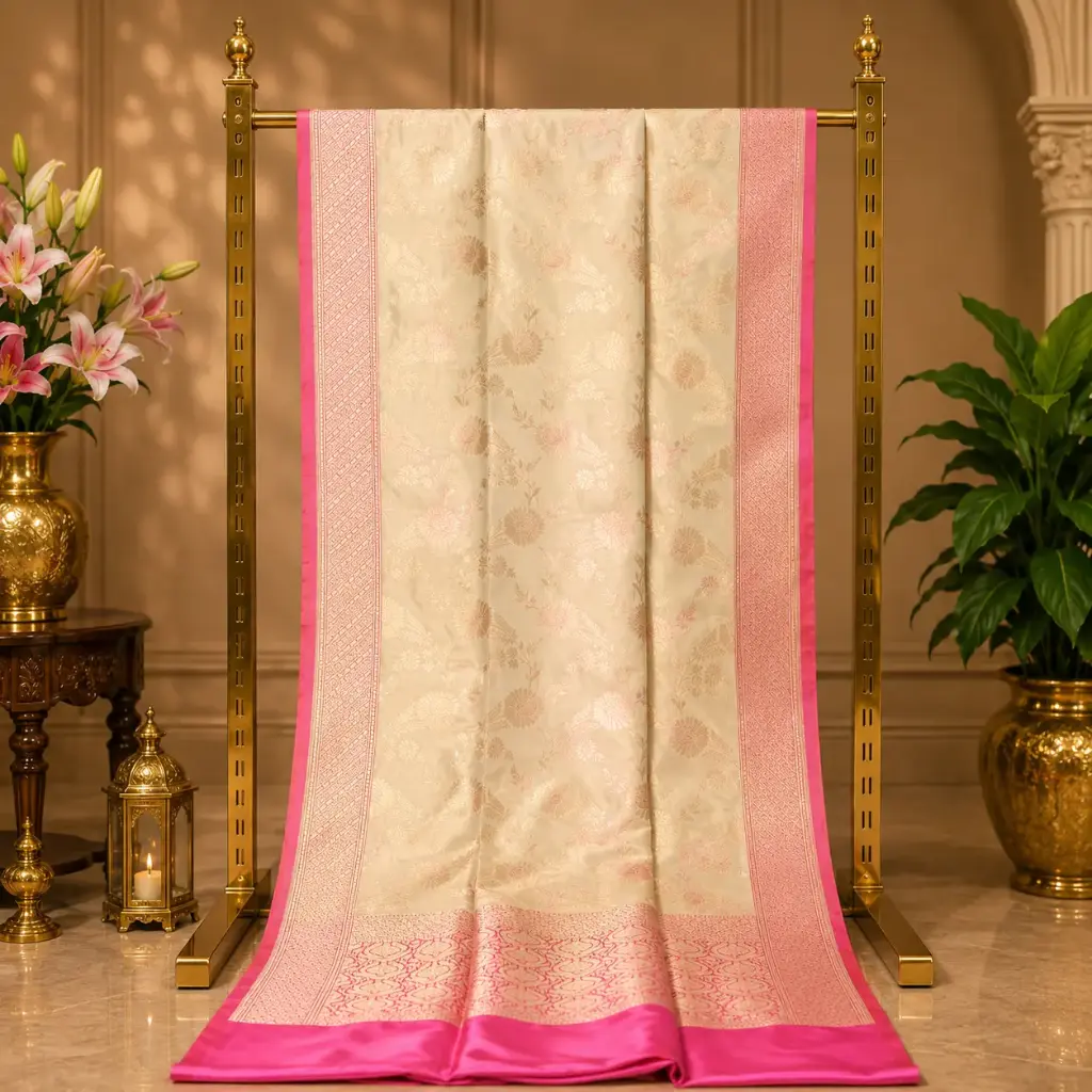 Women's Cream Floral Woven Saree with Rani Pink Zari Border