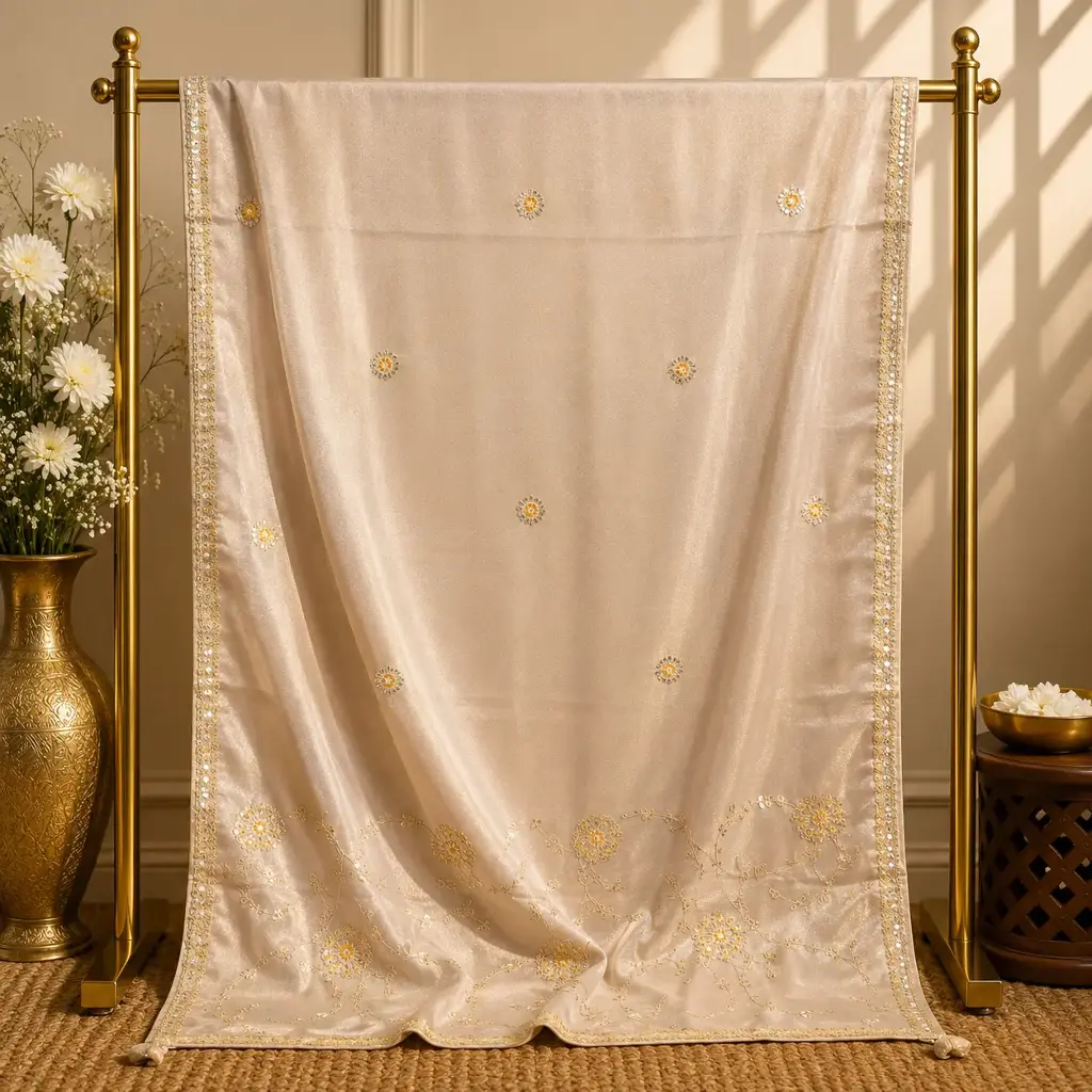 Cream Satin Saree with Sequin Buti Work and Embroidered Border
