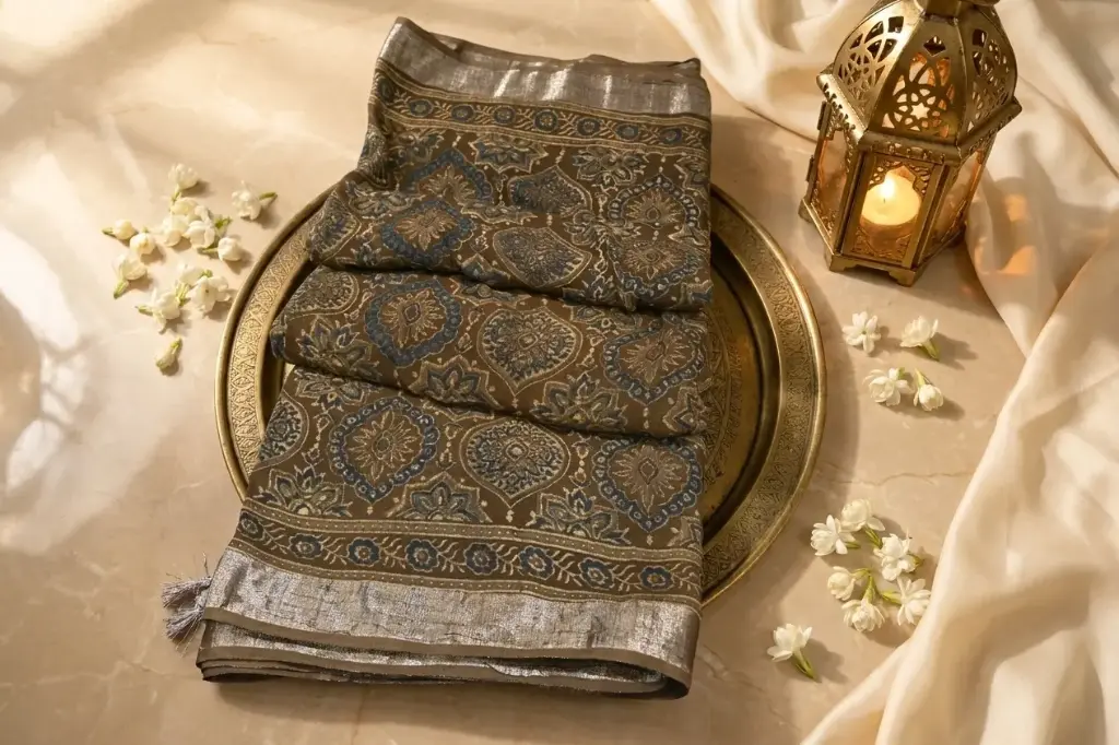 Earthy Brown Printed Chanderi Saree with Silver Zari Border