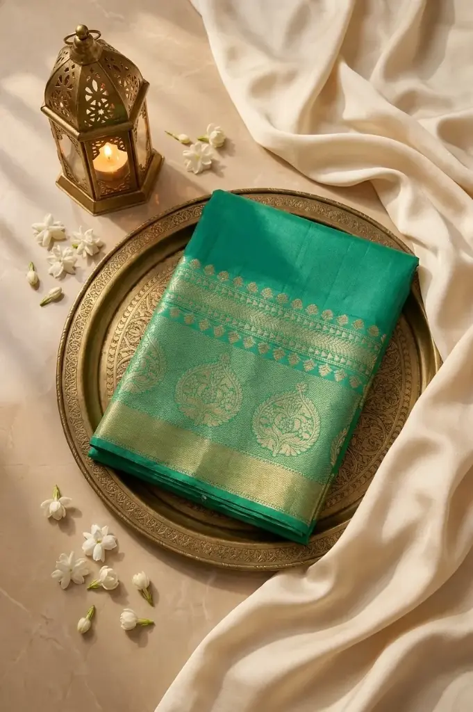 Emerald Green Pure Silk Saree with Gold Zari Pallu