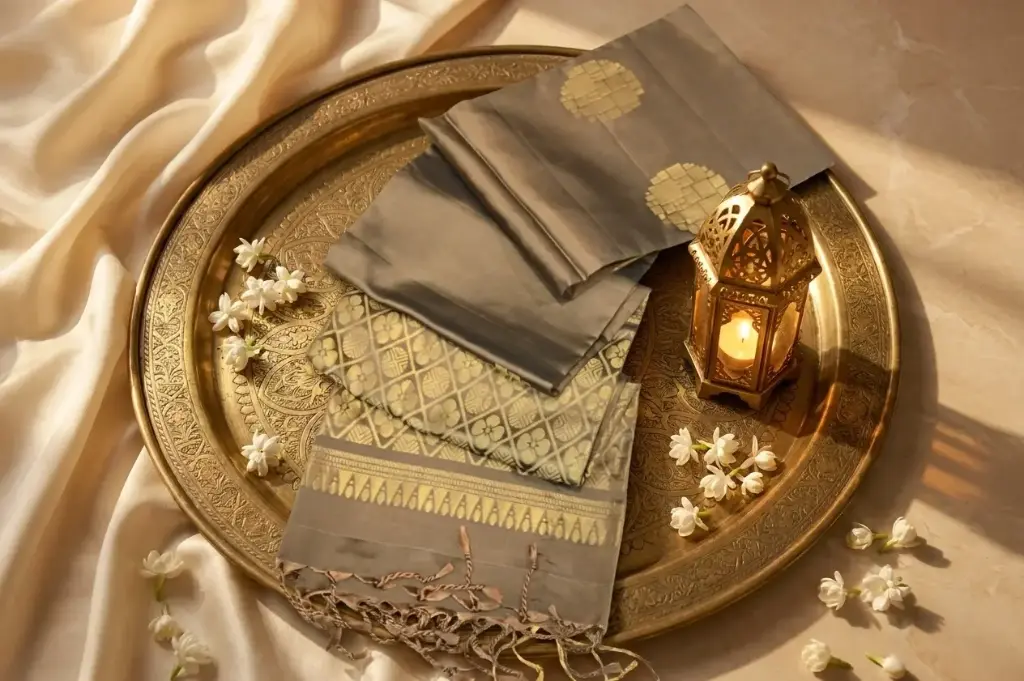 Mocha Brown Woven Silk Saree with Gold Zari Motifs
