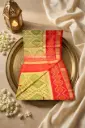 Pistachio Green and Coral Red Handloom Ikat Silk Saree