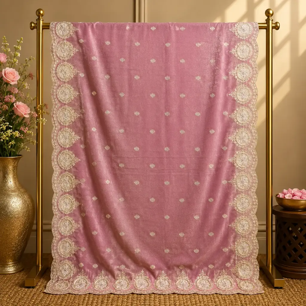 Rose Pink Saree with Sequin Buti Work and Embroidered Border