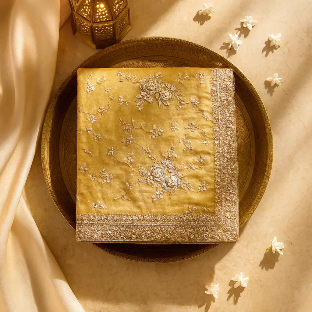 Exquisite Golden Embroidered Silk Saree with Intricate Sequin Details