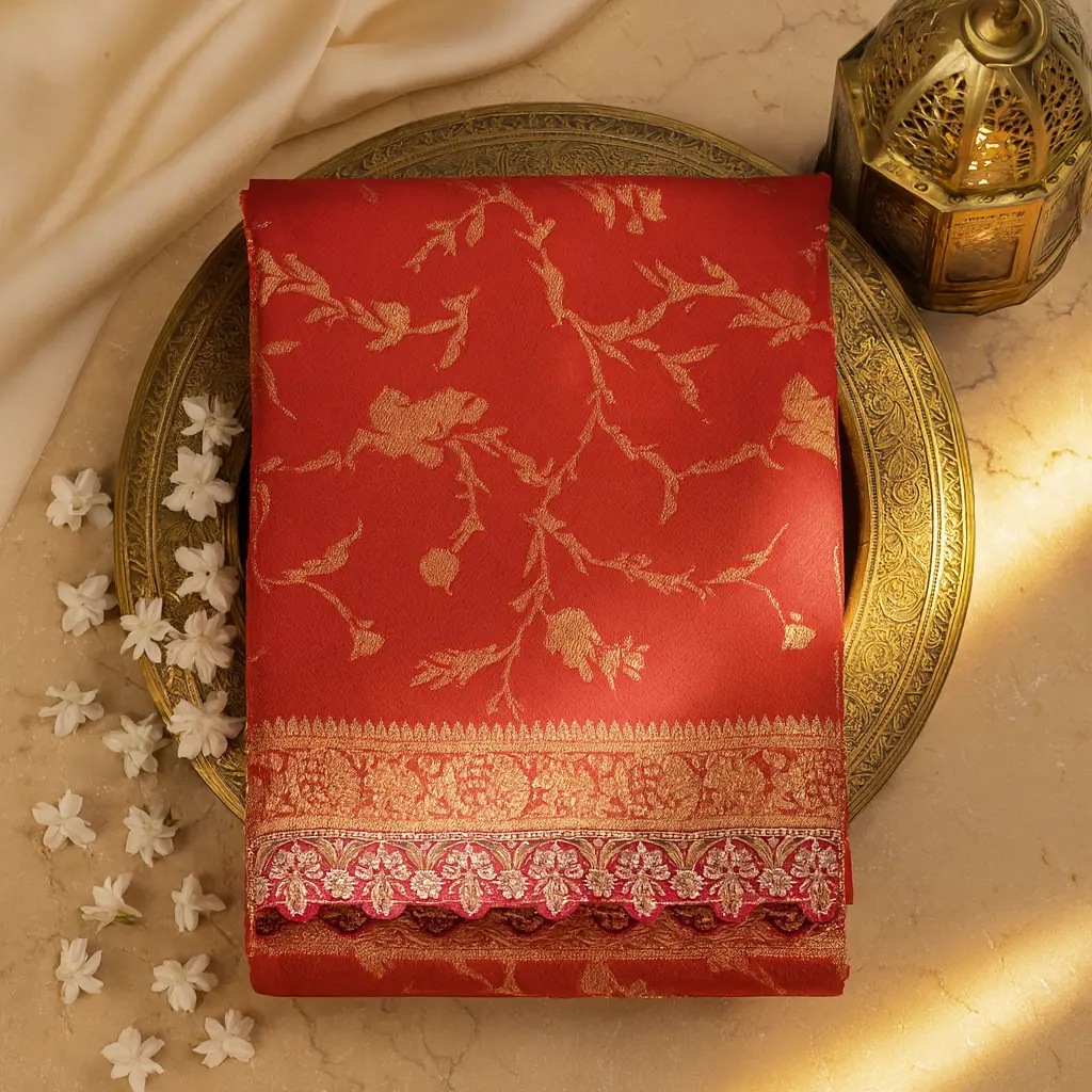 Elegant Red Banarasi Silk Saree with Scalloped Sequin Border