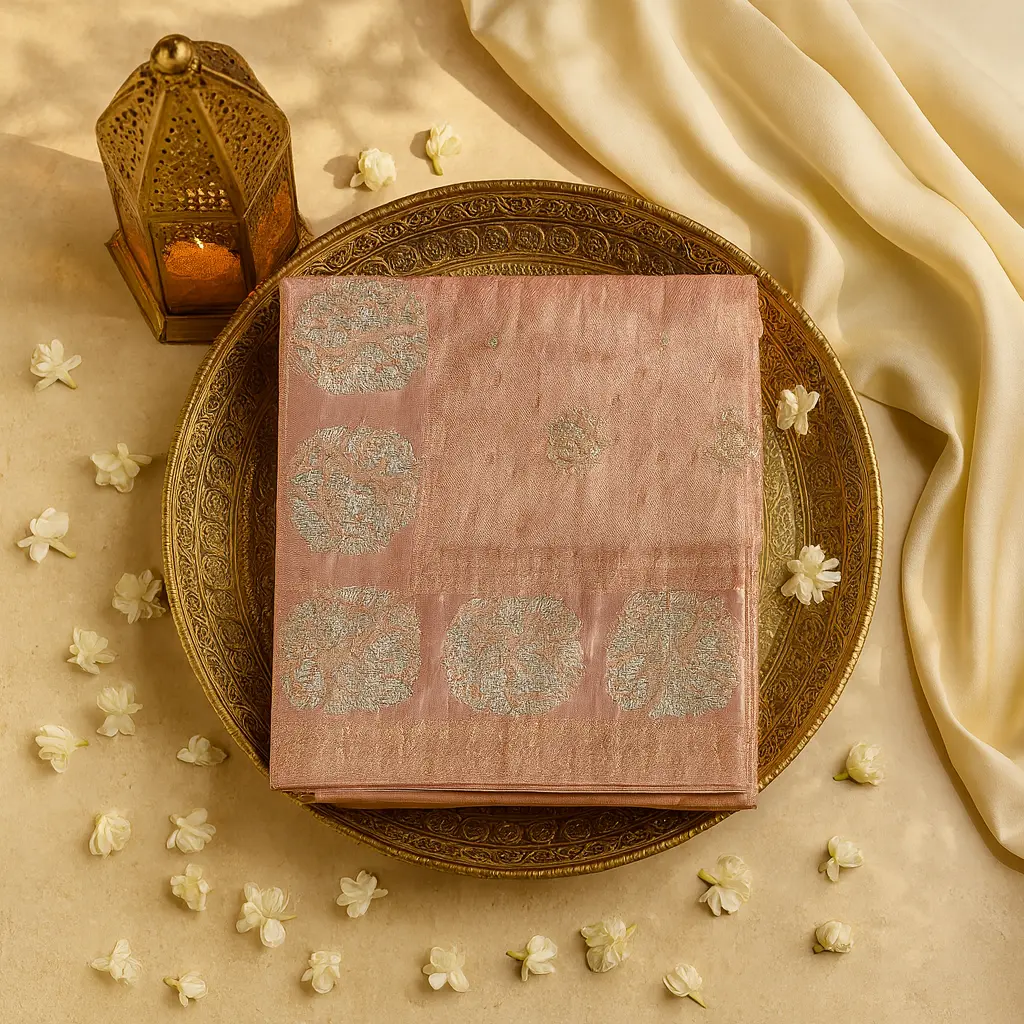 Elegant Peach Silk Saree With Intricate Bird Motif Embroidery