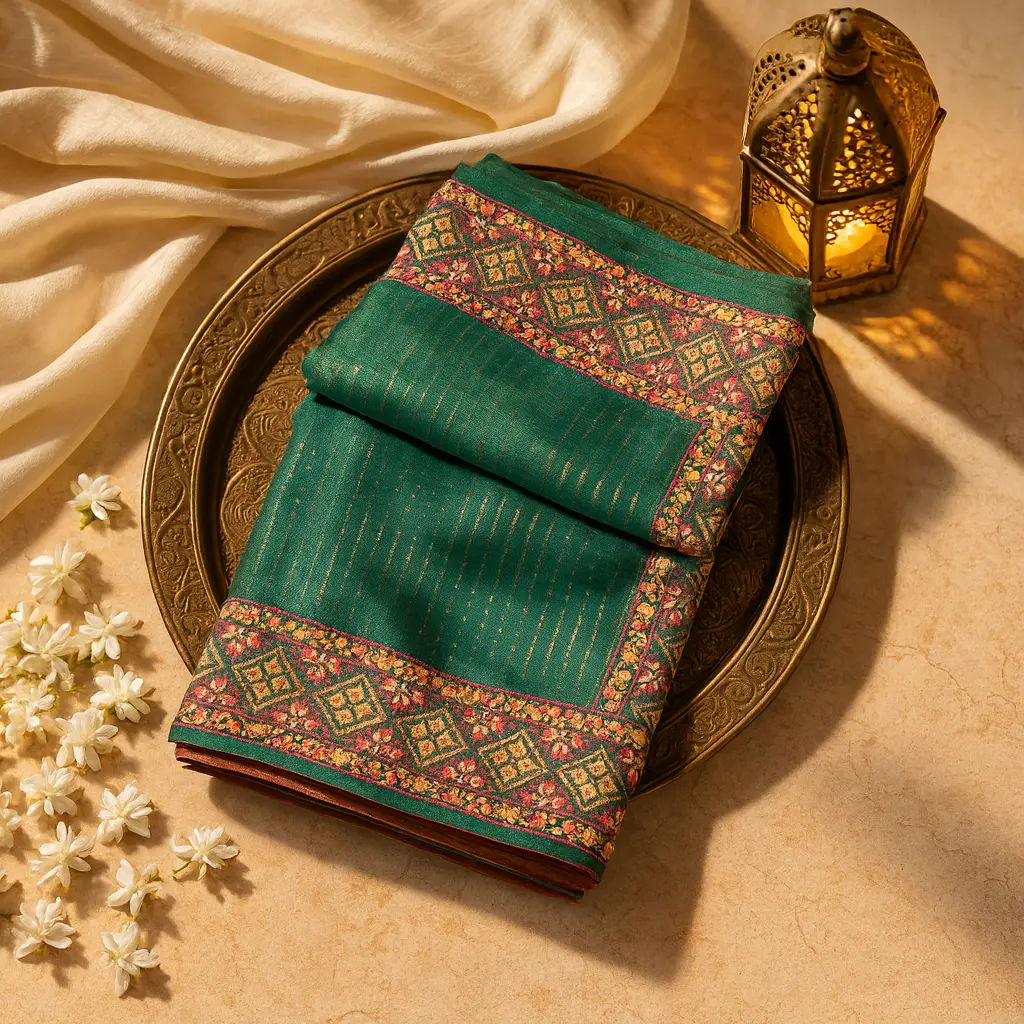 Elegant Emerald Green Silk Saree with Intricate Floral Embroidery