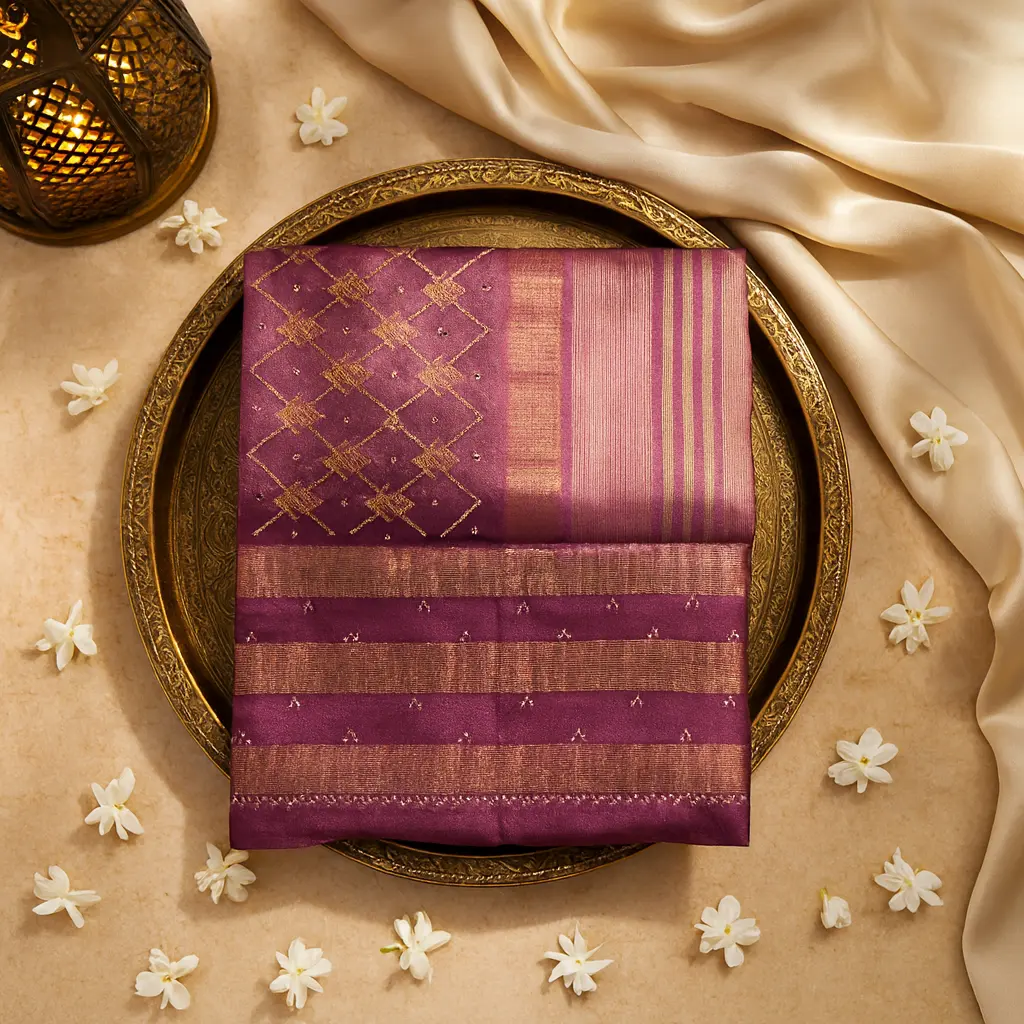 Elegant Deep Purple Handwoven Festive Saree with Mirror Work