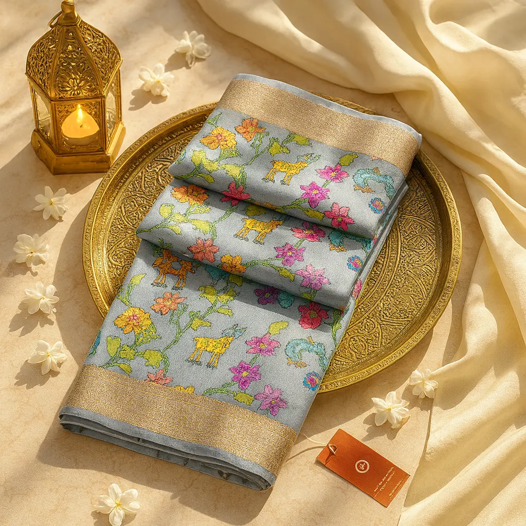 Elegant Grey Silk Saree with Whimsical Floral Pixel Art