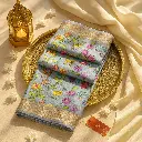 Elegant Grey Silk Saree with Whimsical Floral Pixel Art