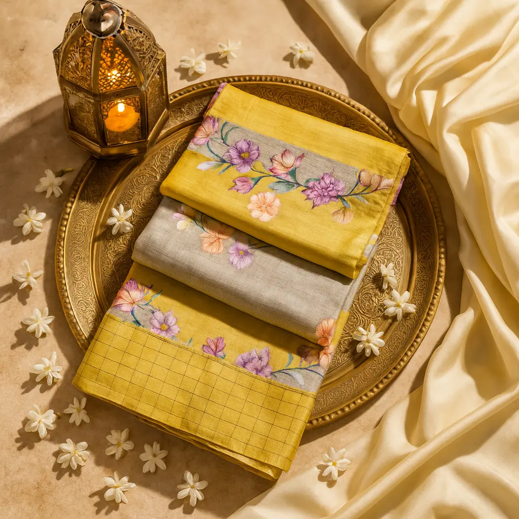 Elegant Mustard Floral Print Saree with Subtle Zari Border