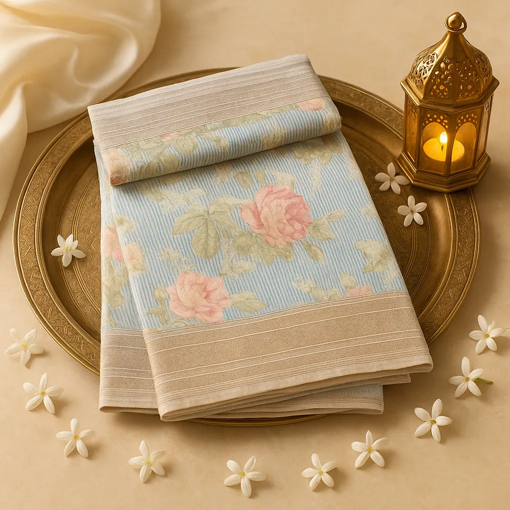 Exquisite Floral Print Zari Border Designer Saree