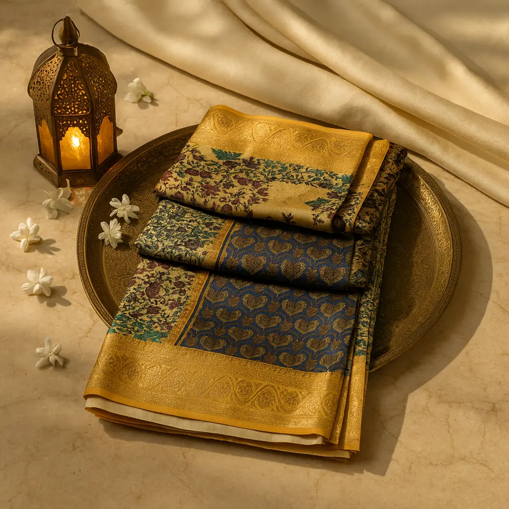 Exquisite Traditional Gold and Blue Patterned Silk Saree